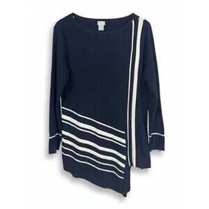 Chico's Women's M Nautical Coastal Preppy Artsy‎ Asymmetrical Hem Tunic Sweater